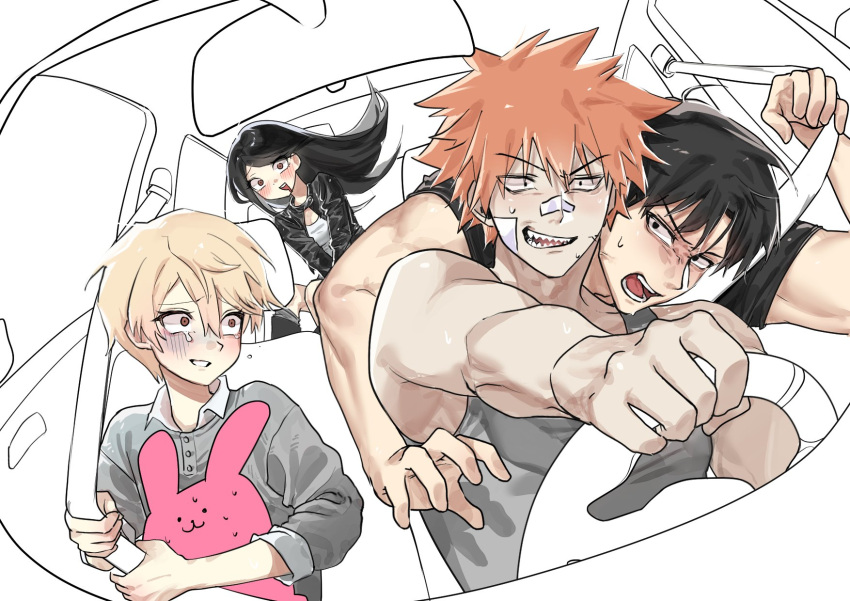 10009_xp, 1girl, 3boys, black_hair, blonde_hair, brother_and_sister, car_interior, commentary_request