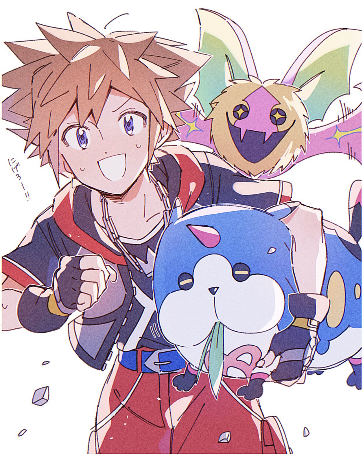 1boy, attakaimizu7619, belt, black_gloves, black_jacket, black_shirt, blue_belt, blue_eyes