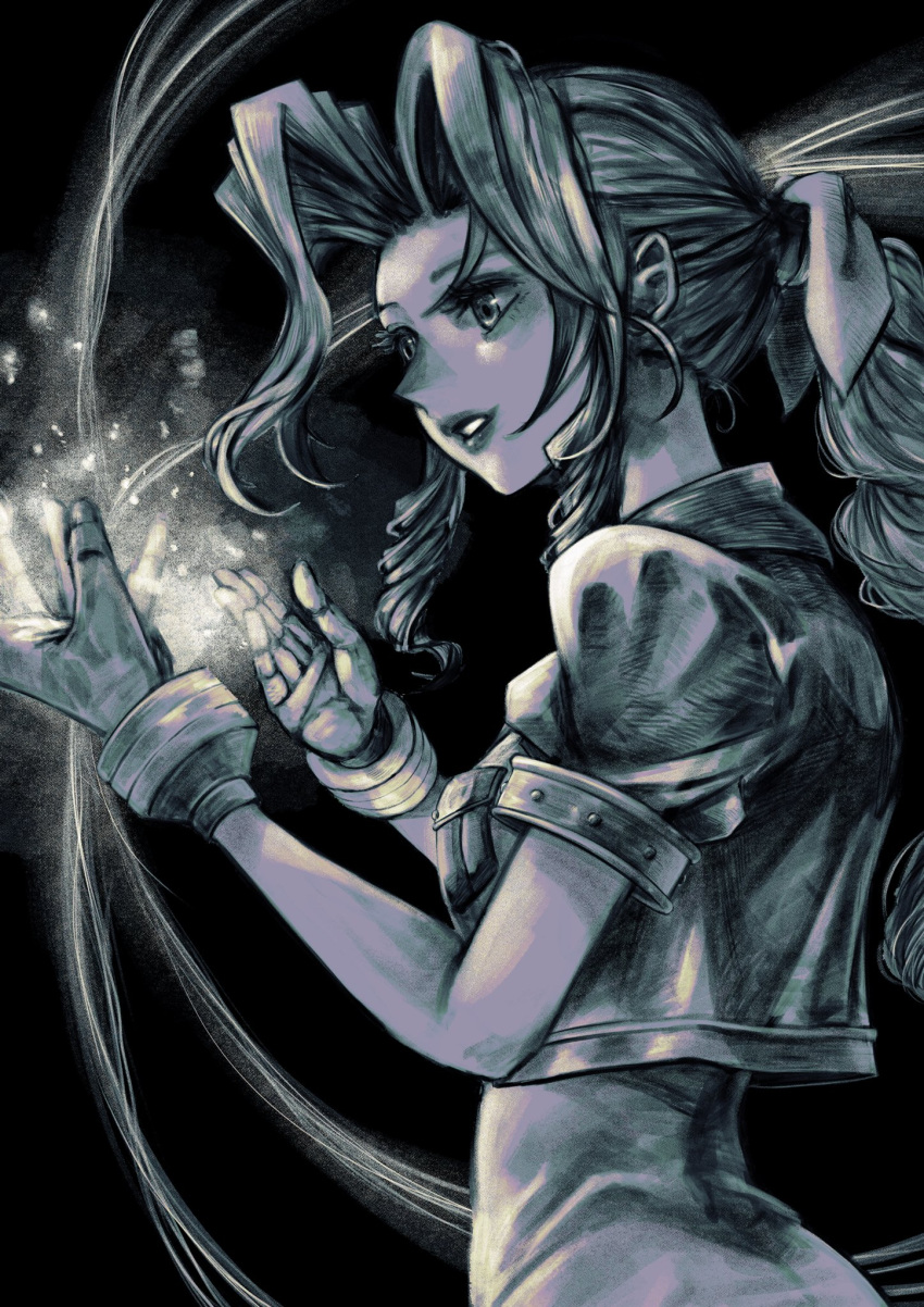 1girl, aerith_gainsborough, bangle, black_background, bracelet, braid, braided_ponytail, breasts