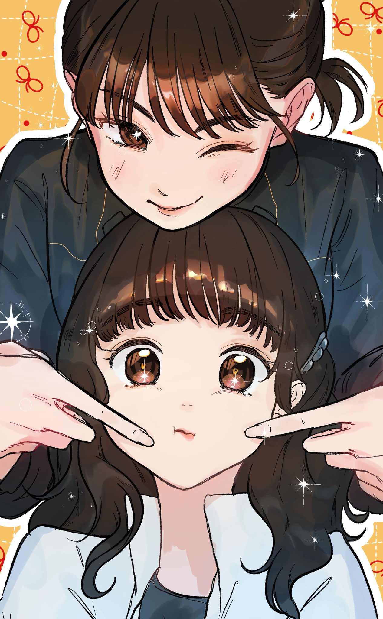 2girls, ;), black_jacket, brown_eyes, brown_hair, chou_uchuu_keiji_gavan_infinity, collared_shirt, commentary_request, finger_to_another's_cheek, fingernails, hair_ornament, hairclip, highres, iwai_kiki, jacket, long_sleeves, looking_at_viewer, medium_hair, metal_hero, multiple_girls, one_eye_closed, ponytail, shirt, smile, takanari_kotobuki, upper_body, white_shirt, yellow_background, yuge_(white321ice)