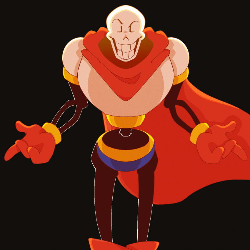 1:1, 1boy, 2023, 2d, armor, black_background, blue_shorts, boots, cape, closed_mouth, commentary, cowboy_shot, digital_media, english_commentary, gloves, highres, humanoid, index_finger_raised, male, male_focus, male_only, monster, monster_boy, onerudegentlman, outstretched_arms, papyrus_(undertale), red_boots, red_cape, red_gloves, shorts, simple_background, skeleton, solo, standing, teeth, undead, undertale, utdr_(toby_fox), white_armor, |_|