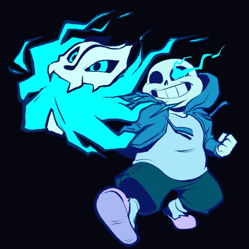 1:1, 1boy, 2019, 2d, aqua_eyes, arm_cannon, black_background, black_shorts