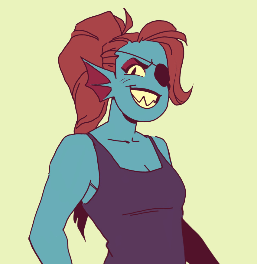 1girl, 2019, 2d, anthro, black_eyepatch, black_tank_top, blue_skin, breasts