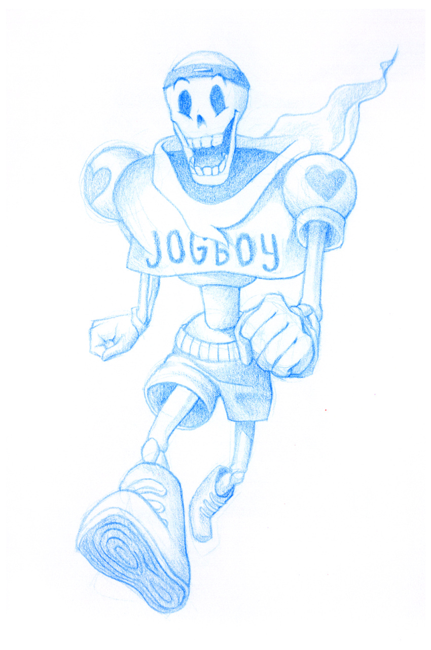 1boy, 2015, 2d, alternate_costume, blue_theme, boots, clenched_hands, clothes_writing, colored_pencil_(medium), commentary, english_commentary, full_body, gloves, headband, heart_print, humanoid, male, male_focus, male_only, milkyawayart, monochrome, monster, monster_boy, official_alternate_costume, open_mouth, papyrus_(undertale), print_shirt, running, scarf, shirt, shorts, simple_background, skeleton, solo, teeth, traditional_media, undead, undertale, utdr_(toby_fox), white_background