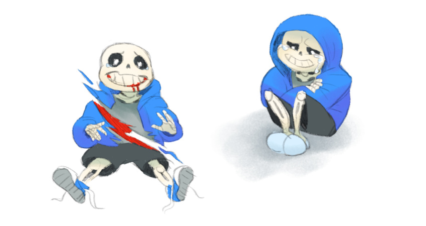 1boy, 2015, 2d, black_shorts, blood, blood_from_mouth, blue_hood, blue_jacket