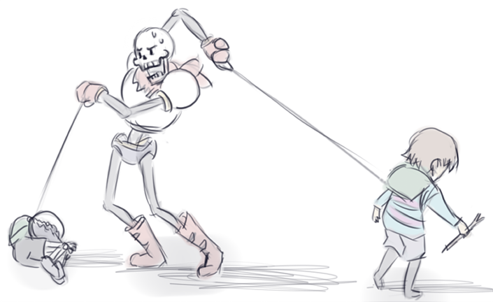 1other, 2015, 2boys, 2d, ambiguous_gender, armor, black_shorts, blue_jacket, blue_shirt, blue_shorts, brothers, brown_hair, cape, child, commentary, derivative_work, digital_media, double_horizontal_stripe, english_commentary, frisk_(undertale), full_body, gloves, grey_hood, height_difference, holding, holding_leash, hollow_eyes, hood, hood_down, hooded_jacket, horizontal-striped_clothes, human, humanoid, jacket, leash, long_sleeves, male, meme, monster, monster_boy, multiple_boys, open_clothes, open_jacket, papyrus_(undertale), pewpewstudio, pink_stripes, red_cape, red_gloves, rough_day_for_mom_(meme), sans_(undertale), shirt, short_hair, shorts, siblings, simple_background, skeleton, standing, striped_clothes, striped_shirt, sweat, teeth, trio, two-tone_shirt, undead, undertale, utdr_(toby_fox), white_armor, white_background, white_shirt