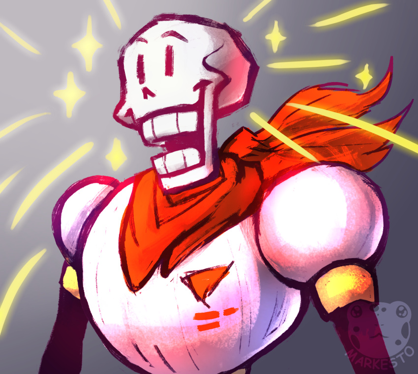 1boy, 2024, 2d, armor, arms_at_sides, artist_logo, artist_name, commentary, digital_media, english_commentary, gradient_background, grey_background, highres, humanoid, male, male_focus, male_only, markesto, monster, monster_boy, papyrus_(undertale), red_scarf, scarf, skeleton, solo, sparkle, teeth, undead, undertale, upper_body, utdr_(toby_fox), watermark, white_armor, |_|