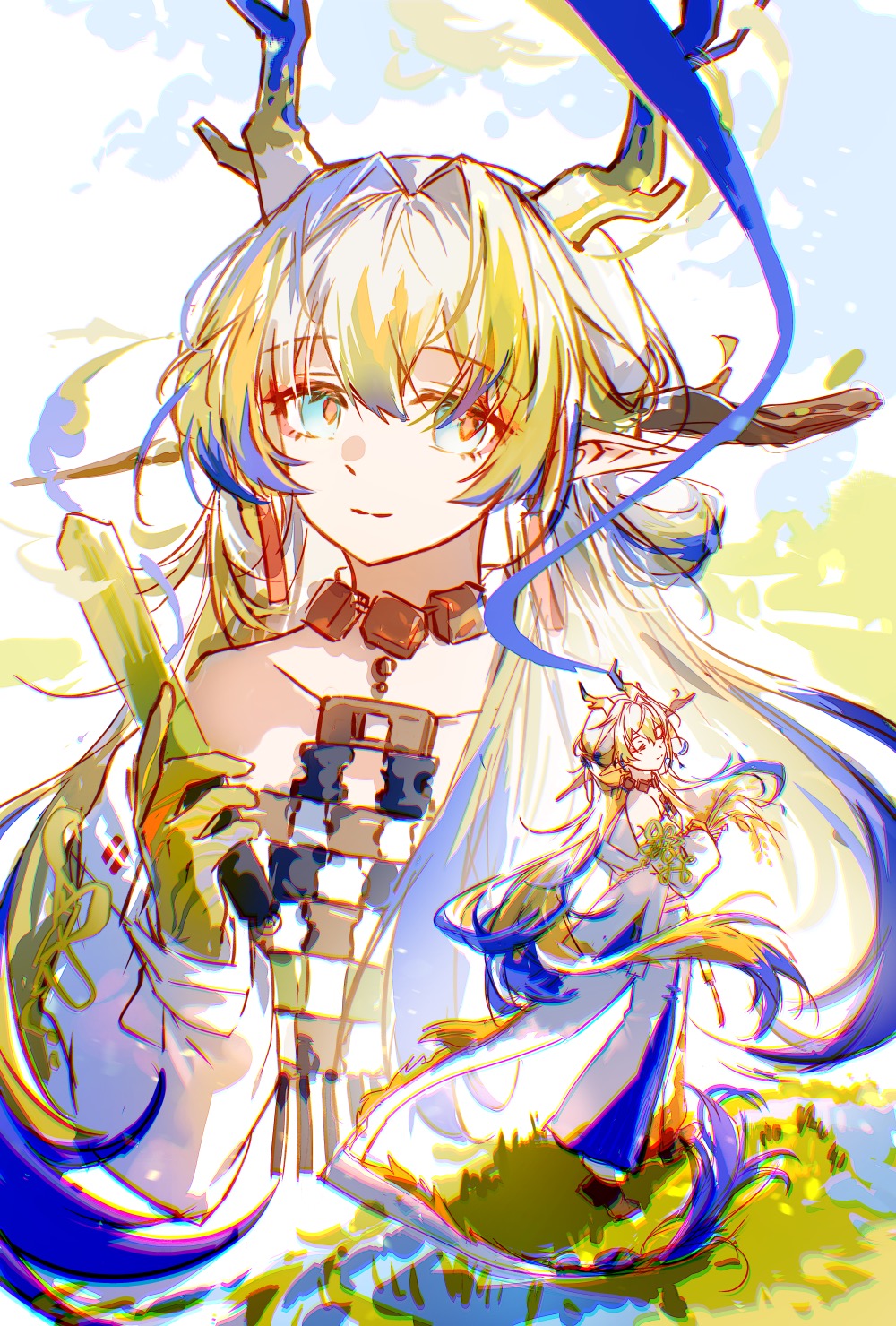 1girl, arknights, bare_shoulders, blonde_streaks, blue_eyes, blue_streaks, chromatic_aberration, closed_eyes