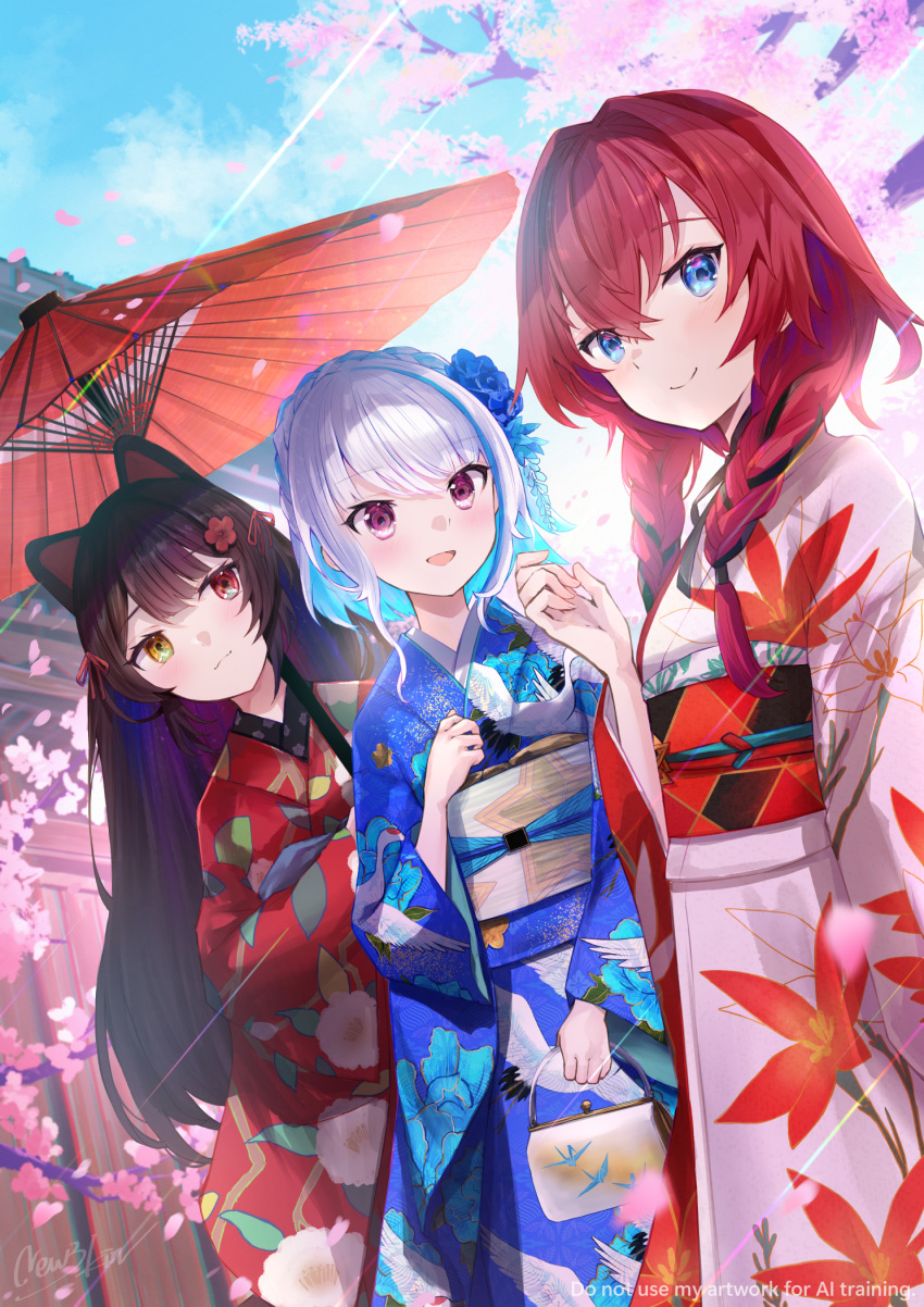 3girls, ange_katrina, ange_katrina_(new_year), animal_ears, animal_print, artist_name, bird_print, black_hair