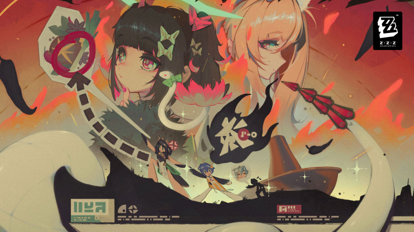 1boy, 4girls, absurdres, anger_vein, arrow_(symbol), artist_request, belle_(delicate_sunlight)_(zenless_zone_zero), belle_(zenless_zone_zero), black_hair, blaze_(zenless_zone_zero), blonde_hair, bow, chalky_(zenless_zone_zero), cissia_(zenless_zone_zero), english_commentary, fire, hair_bow, highres, logo, multicolored_hair, multiple_girls, nail_polish, nangong_yu, official_art, pink_hair, pink_nails, snake, sparkle, spring_onion, sweatdrop, tail, white_snake, wise_(zenless_zone_zero), zenless_zone_zero