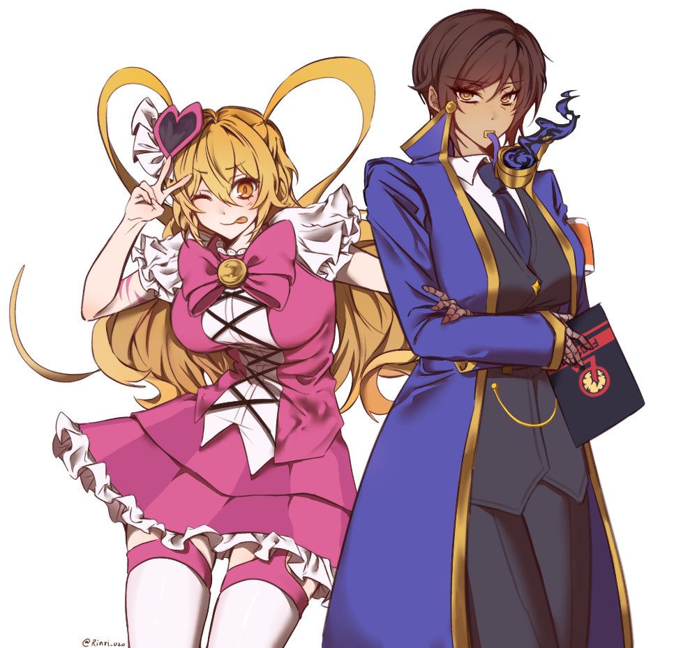 2girls, armband, black_necktie, blonde_hair, blue_coat, brown_hair, coat, commentary, cowboy_shot, don_quixote_(project_moon), e.g.o_(project_moon), heart, holding, holding_weapon, in_the_name_of_love_and_hate_(e.g.o), limbus_company, lobotomy_corporation, lobotomy_corporation_(identity)_(project_moon), long_hair, long_sleeves, magic_bullet_(e.g.o), multiple_girls, necktie, orange_eyes, outis_(project_moon), pants, project_moon, rinri_020, shirt, short_hair, smoking_pipe, twitter_username, untranslatable_commentary, vest, weapon
