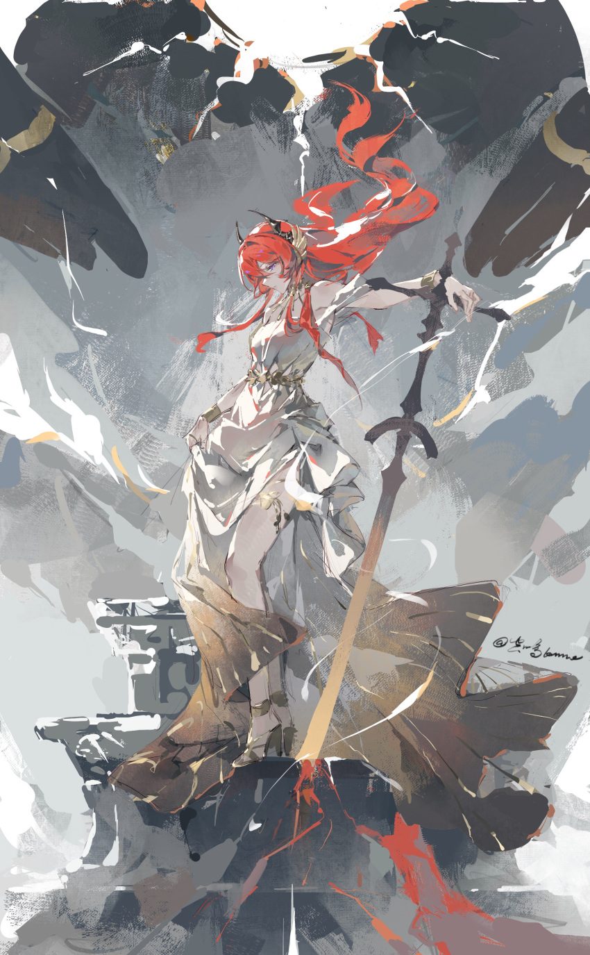 1girl, absurdres, ambience_synesthesia, arknights, bare_shoulders, belt, black_horns, bracelet
