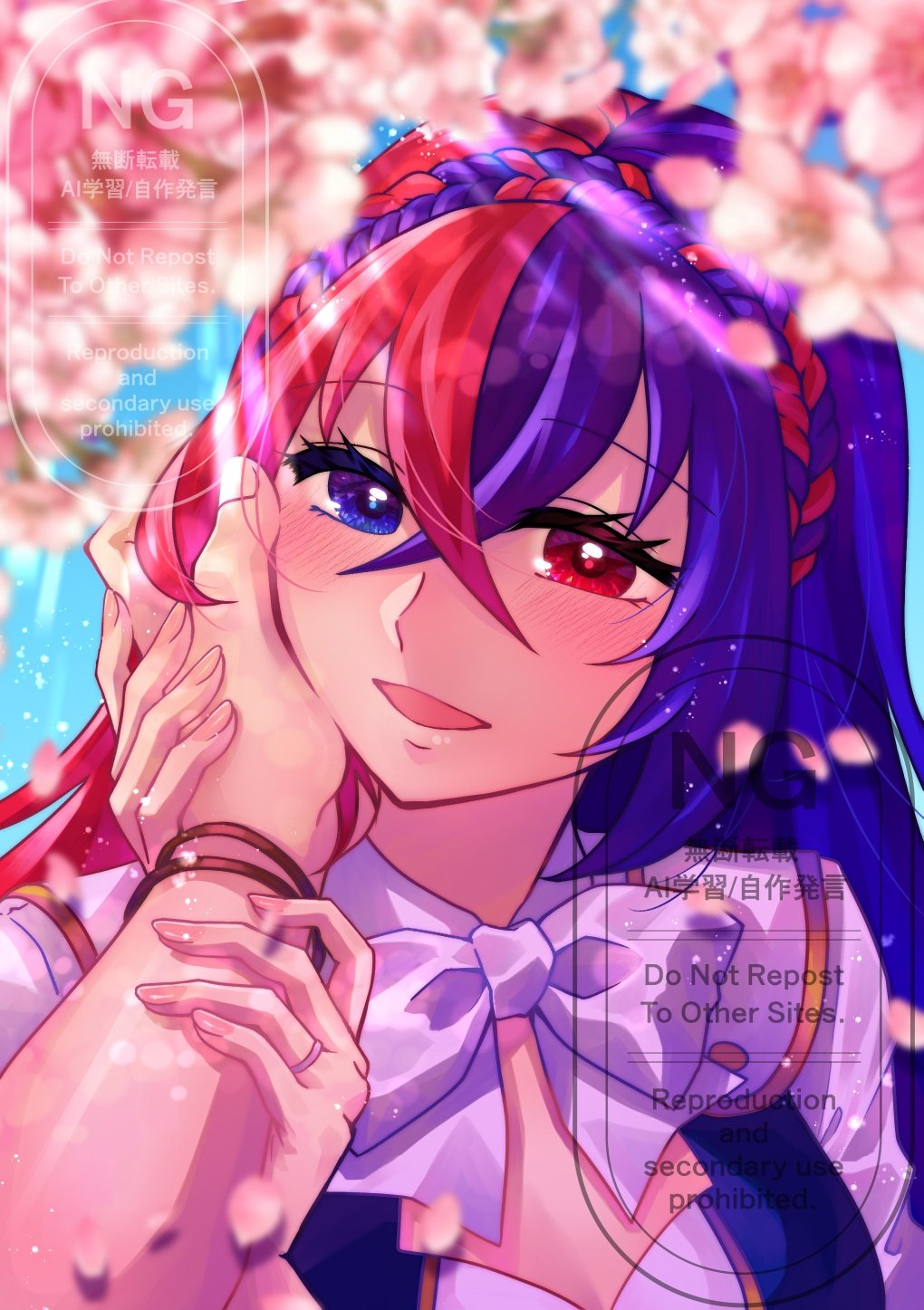 1girl, blue_eyes, blue_hair, crossed_bangs, female_alear_(fire_emblem), fire_emblem, fire_emblem_engage, hair_between_eyes, hand_on_another's_face, heterochromia, highres, looking_at_viewer, multicolored_hair, pov, princess, red_eyes, red_hair, solo, split-color_hair, teitokunanodesu, tiara, two-tone_hair
