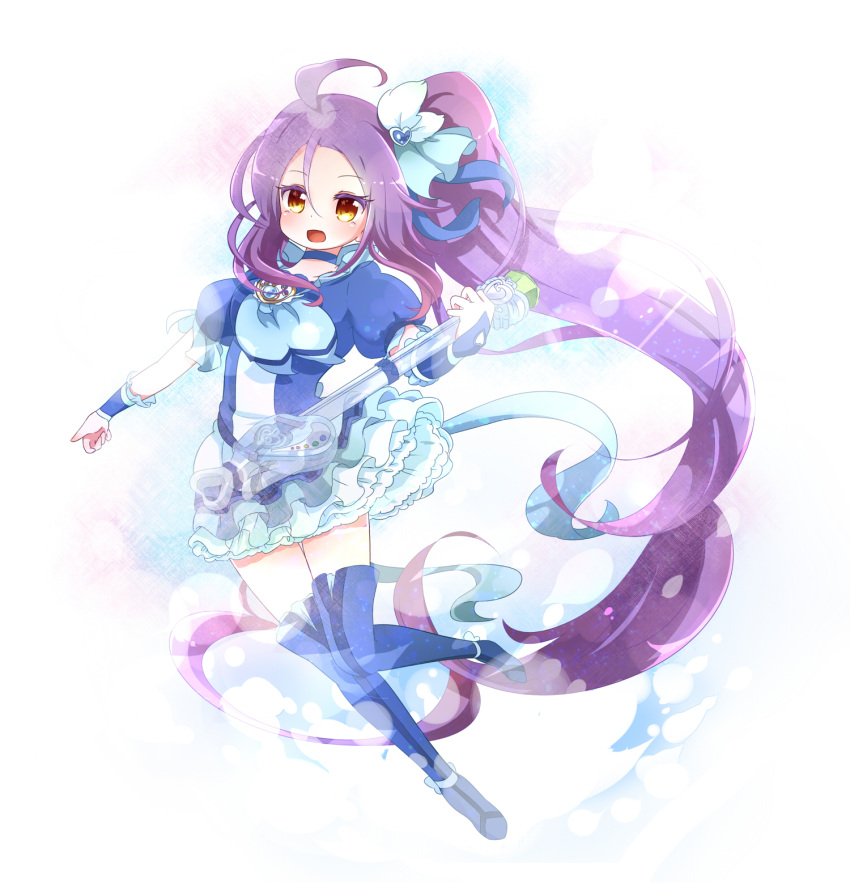 :d, ahoge, bad_id, blue_legwear, boots, brooch, brown_eyes, choker