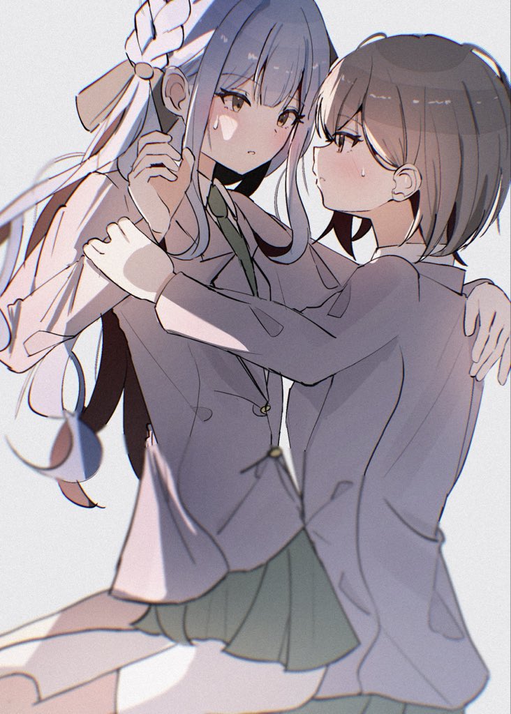 2girls, bang_dream!, bang_dream!_it's_mygo!!!!!, black_ribbon, blue_hair, blush, braid, brown_hair