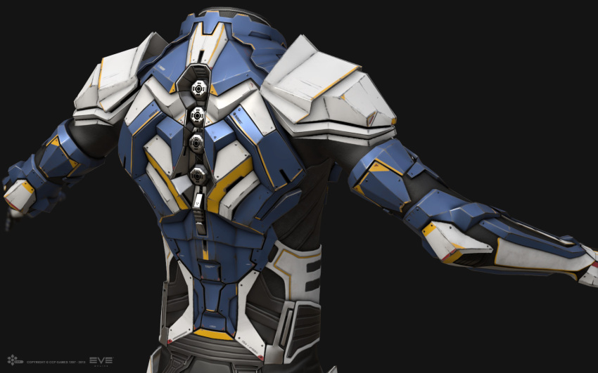 3d, armor, armored_bodysuit, blue_armor, commentary, company_logo, company_name, concord_assembly_(eve_online)