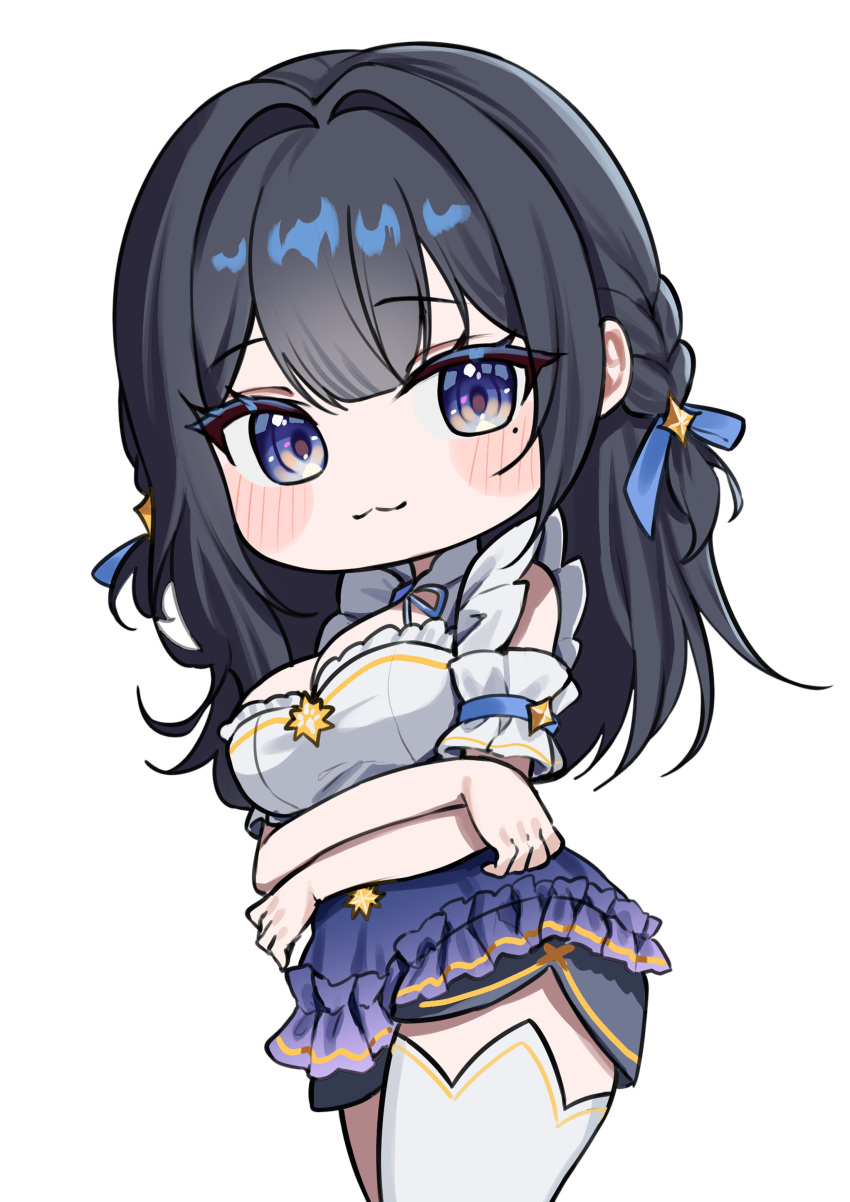 absurdres, arms_under_breasts, black_hair, blush, breasts, chibi, closed_mouth, commentary, cowboy_shot, frilled_armlet, highres, inaro_(vtuber), indie_virtual_youtuber, jinggun, large_breasts, long_hair, looking_at_viewer, microskirt, mole, mole_under_eye, purple_skirt, simple_background, single_thighhigh, skirt, sleeveless, thigh-highs, violet_eyes, white_background, white_thighhighs