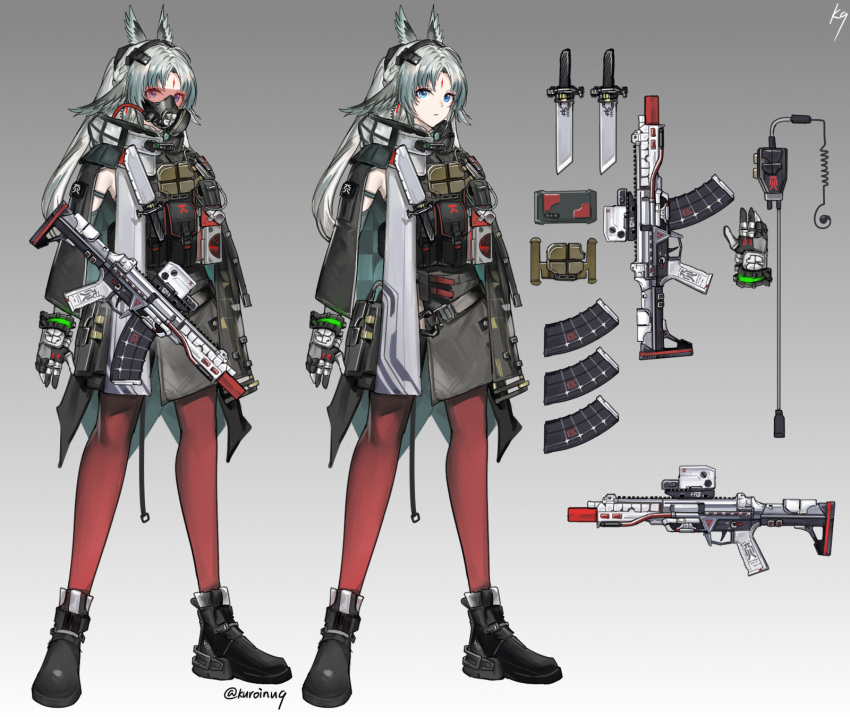 1girl, arcane_(arknights), arknights, arknights:_endfield, assault_rifle, bird_girl, blue_eyes, commentary_request