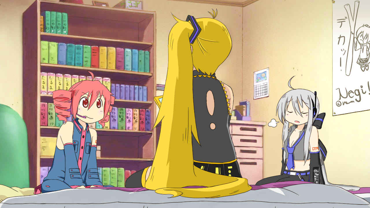 ahoge, akita_neru, arawi_keiichi_(style), blonde_hair, bookshelf, breasts, cameo, cleavage
