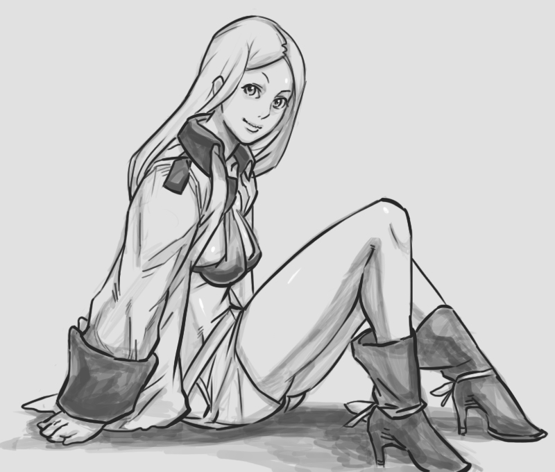 advance_wars, advance_wars:_days_of_ruin, bikini_top, boots, drawfag, high_heels, isabella, jacket, long_hair, monochrome, oversized_clothes, shoes, shorts, sitting, solo