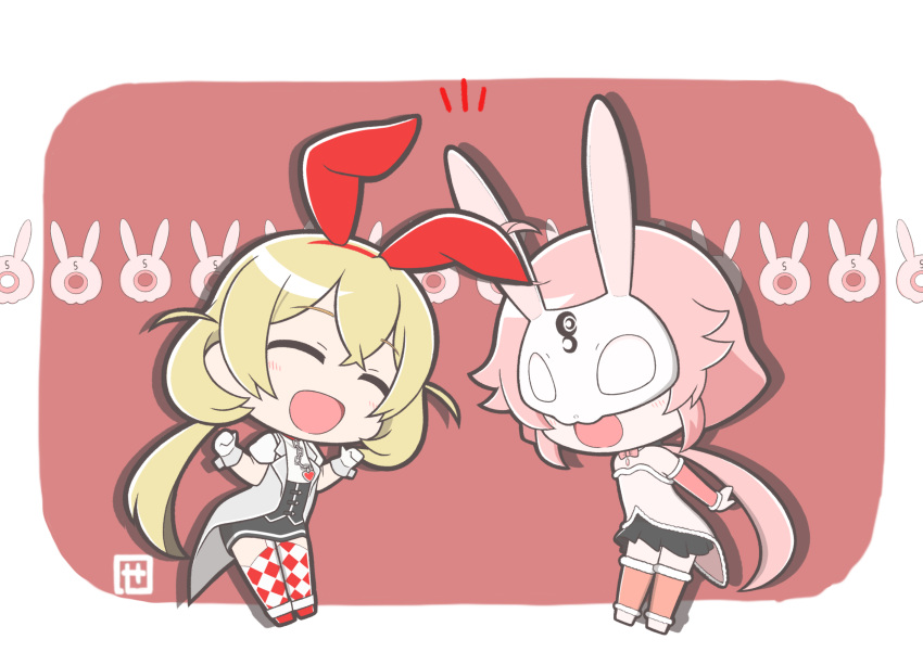 2girls, animal_costume, animal_ear_hairband, animal_ears, argyle_clothes, argyle_thighhighs, blonde_hair, chibi
