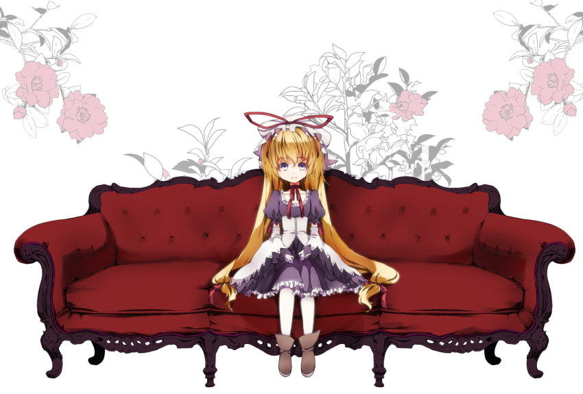 blonde_hair, child, couch, curiosities_of_lotus_asia, detached_sleeves, dress, floral_background, flower