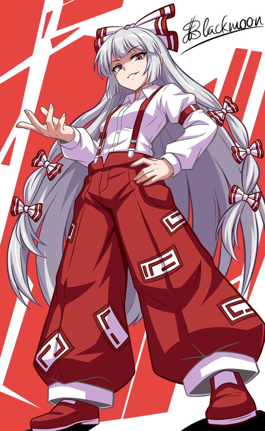 1girl, absurdres, bow, breasts, collared_shirt, commentary, fujiwara_no_mokou, full_body