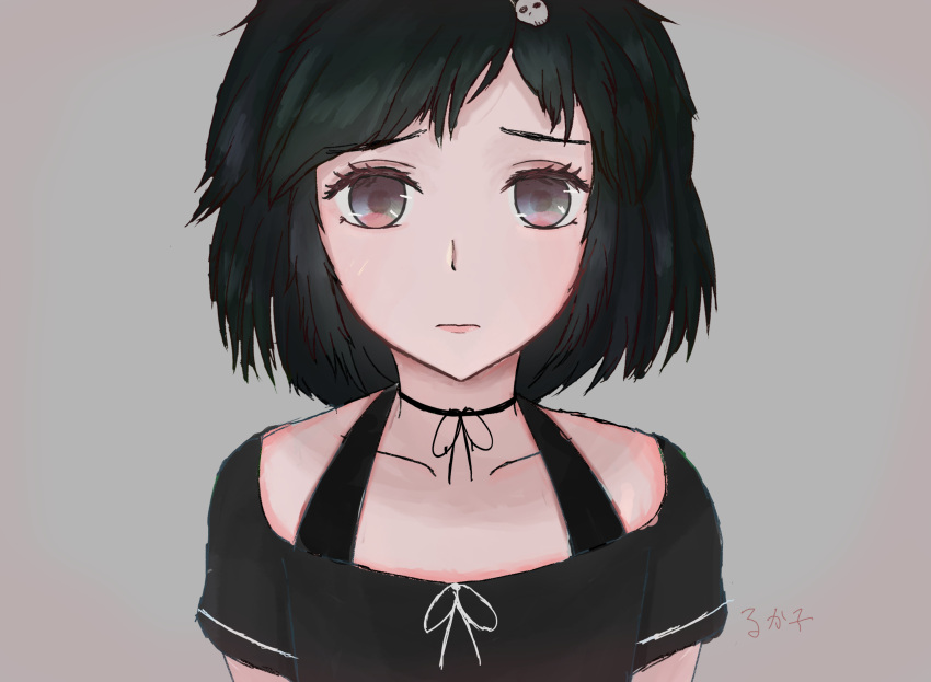 1boy, black_hair, black_shirt, character_name, chest_ribbon, closed_mouth, commentary_request, furrowed_brow