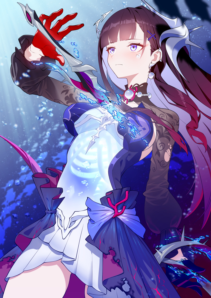 1girl, absurdres, black_gloves, black_hair, black_shrug, blue_dress, blue_eyes, blunt_bangs