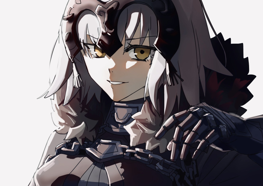 1girl, armor, armored_dress, backlighting, black_armor, black_cape, black_dress, boobplate, breasts, brown_eyes, cape, chain, cropped_torso, dress, fate/grand_order, fate_(series), full_armor, fur-trimmed_cape, fur_trim, gauntlets, grey_hair, hair_between_eyes, hand_up, headpiece, highres, jdaa1t06ner0, jeanne_d'arc_alter_(avenger)_(fate), jeanne_d'arc_alter_(avenger)_(first_ascension)_(fate), jeanne_d'arc_alter_(fate), large_breasts, looking_at_viewer, pale_skin, short_hair, simple_background, smile, solo, teeth, upper_body, v-shaped_eyebrows, white_background