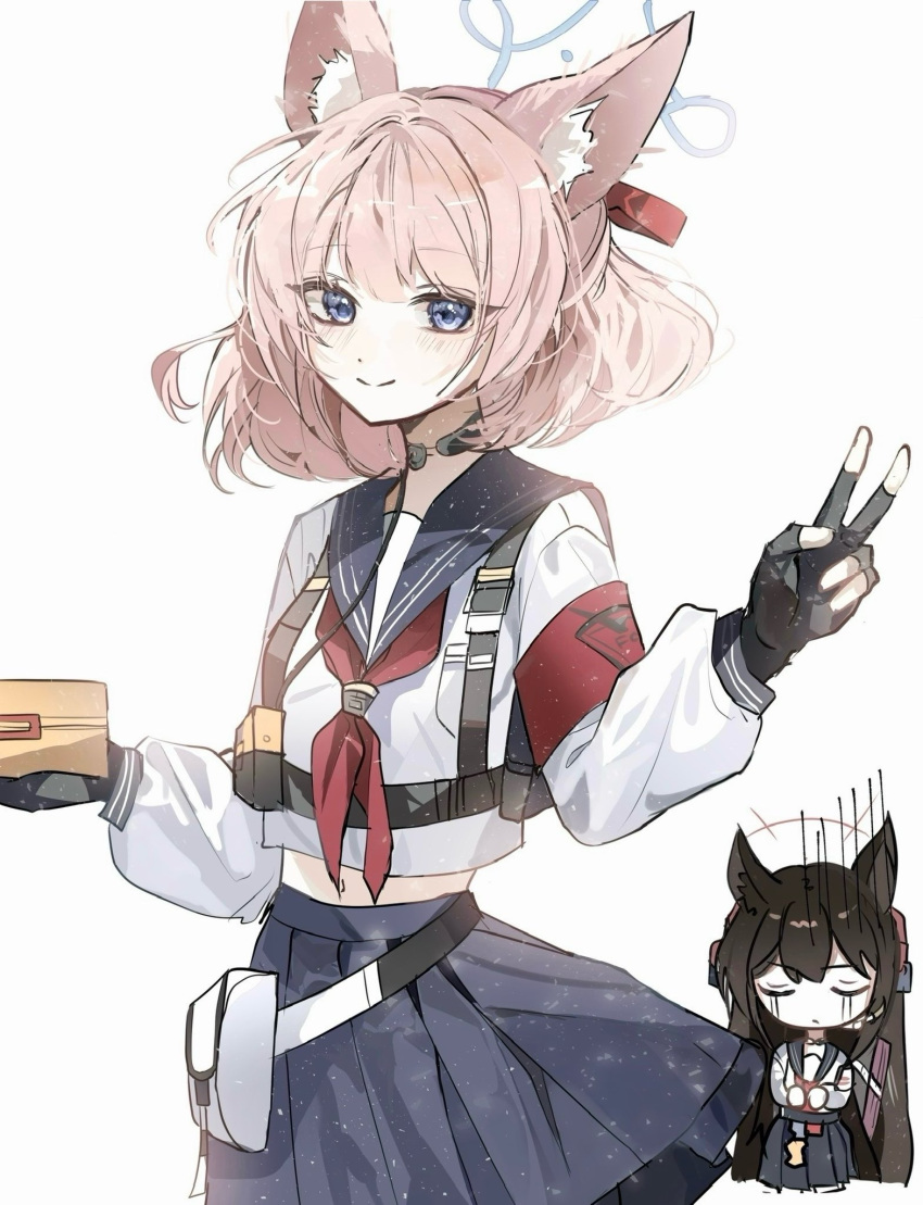 2girls, animal_ears, belly, belt, black_hair, blue_archive, blue_eyes, blue_halo