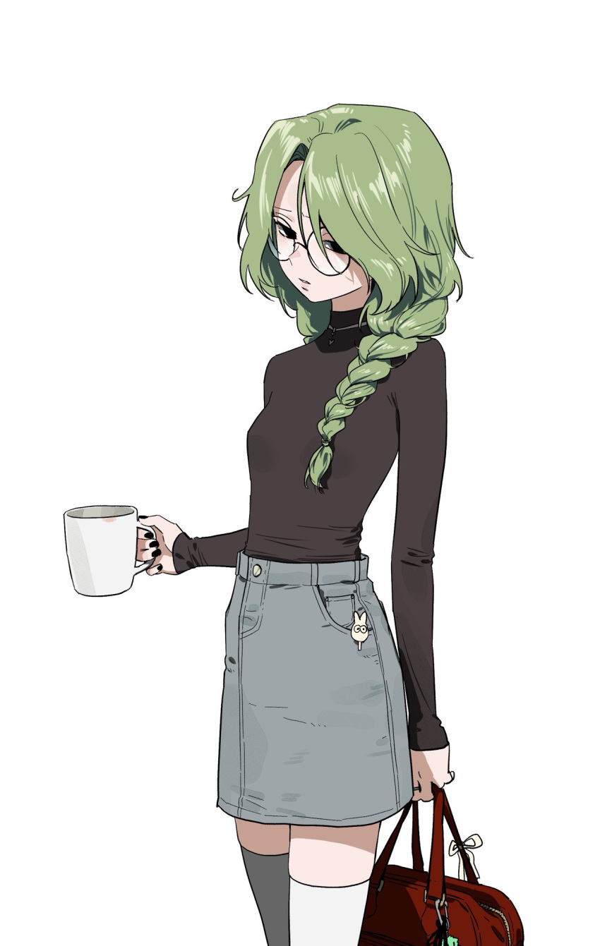 1girl, bag, black_eyes, black_nails, black_sweater, braid, breasts, commentary_request, cup, dead_mansion, denim, denim_skirt, glasses, green_hair, hair_over_shoulder, highres, hoin, holding, holding_bag, holding_cup, korean_commentary, long_sleeves, looking_at_viewer, mary_(dead_mansion), mug, parted_lips, round_eyewear, simple_background, single_braid, skirt, sleeves_past_wrists, small_breasts, solo, sweater, thigh-highs, turtleneck, turtleneck_sweater, white_background, white_thighhighs