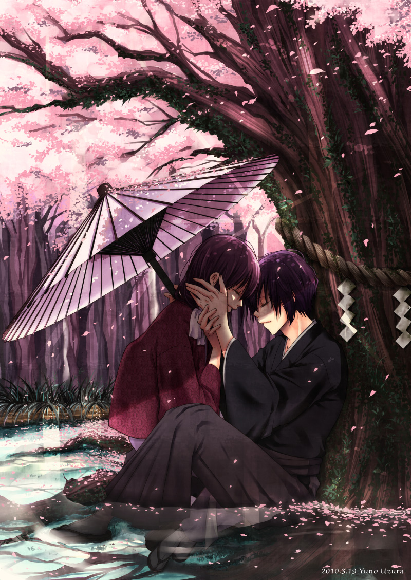 1girl, black_hair, brown_hair, closed_eyes, couple, eyes_closed, hakuouki_shinsengumi_kitan, japanese_clothes