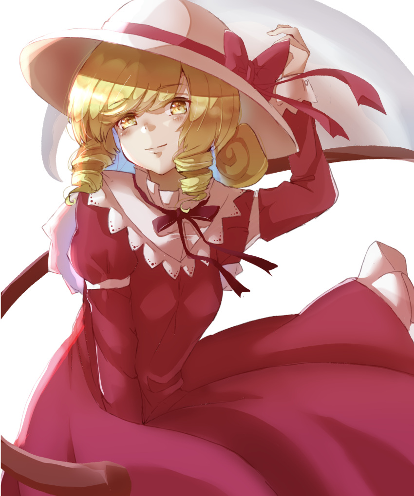 1girl, absurdres, blonde_hair, bow, breasts, closed_mouth, commentary, curly_hair, dress, elly_(touhou), gumi_(fwjn7284), hat, hat_bow, highres, long_sleeves, looking_at_viewer, medium_breasts, medium_hair, red_bow, red_dress, scythe, simple_background, smile, solo, touhou, touhou_(pc-98), white_background, white_hat, yellow_eyes