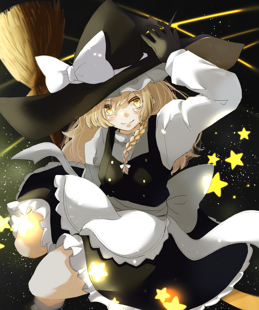 1girl, absurdres, apron, back_bow, black_gloves, black_hat, black_skirt, black_vest