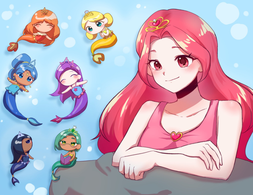 6+girls, black_eyes, black_hair, blonde_hair, blue_background, blue_eyes, blue_hair, blue_sapphire_(rainbow_bubblegem)