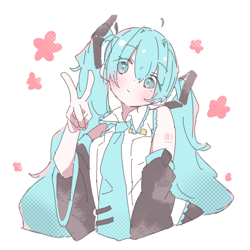 1girl, ahoge, aqua_eyes, aqua_hair, aqua_necktie, bare_shoulders, commentary, detached_ahoge