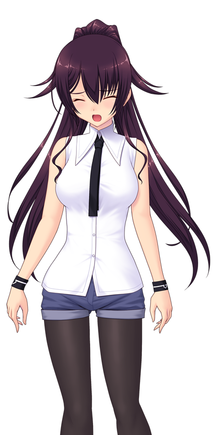 1girl, black_pantyhose, blush, breasts, casual, closed_eyes, denim, denim_shorts