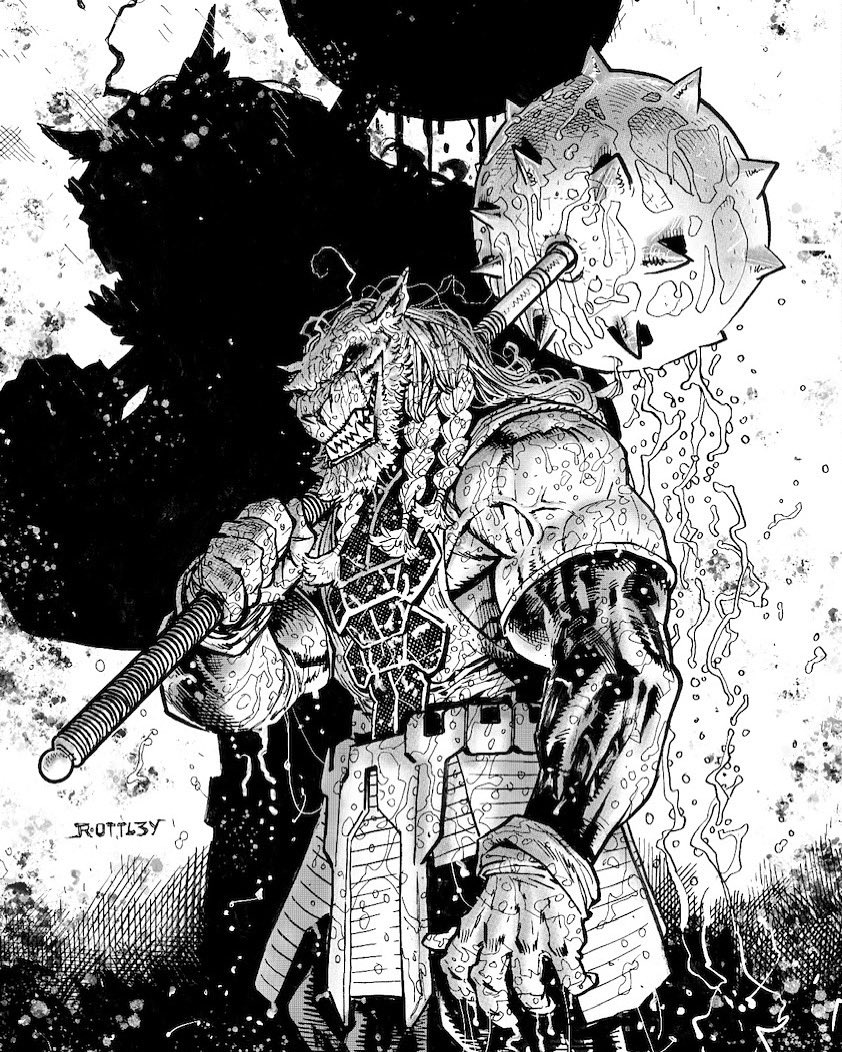 1boy, battle_beast_(invincible), braid, commentary, cowboy_shot, crosshatching, english_commentary, evil_grin