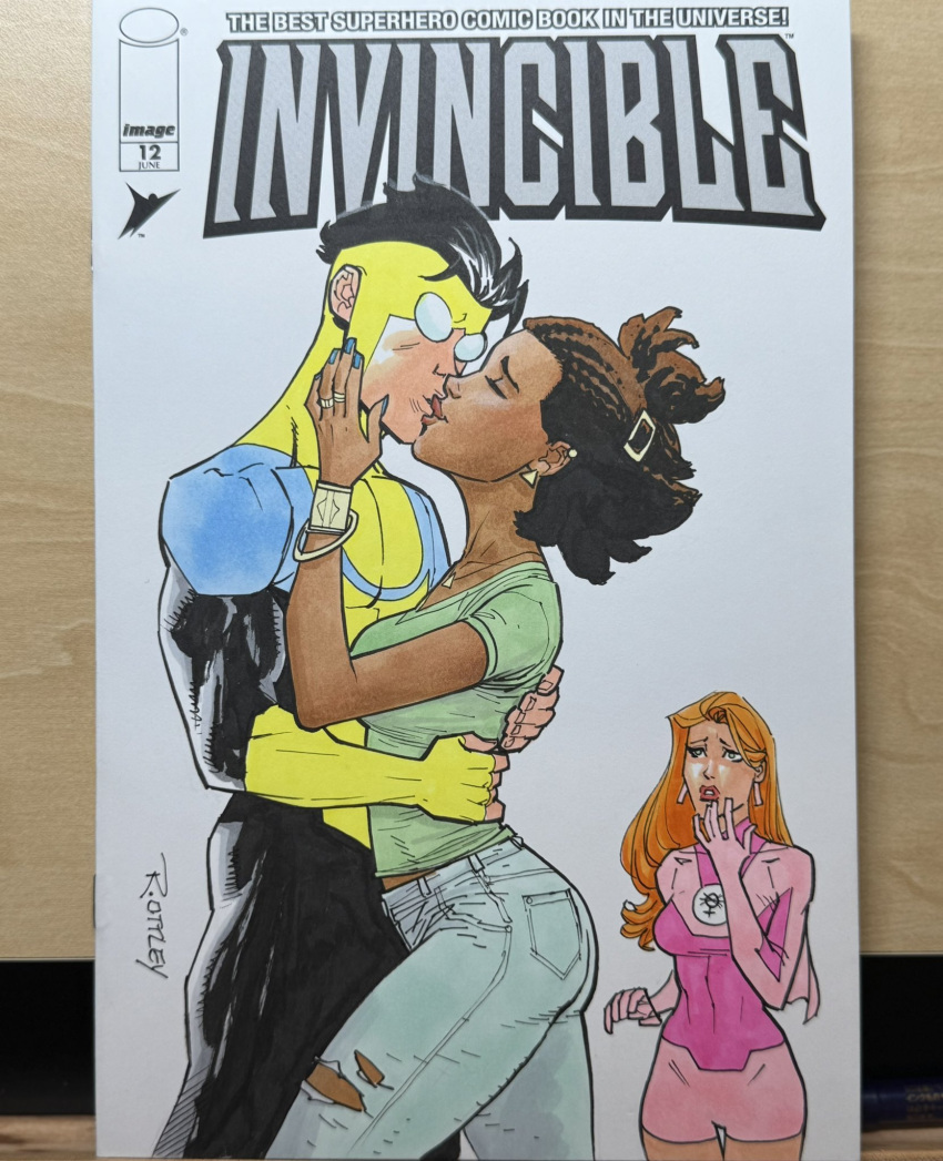 1boy, 2girls, amber_bennett, atom_eve, black_hair, blue_nails, blue_pants, bracelet, breasts, brown_hair, capelet, comic_cover_redraw, commentary, dark-skinned_female, dark_skin, denim, derivative_work, english_commentary, hair_ornament, hairclip, hetero, highres, interracial, invincible_(character), invincible_(series), jeans, jewelry, kiss, long_hair, mark_grayson, marker_(medium), marvel, medium_breasts, multiple_girls, multiple_rings, necklace, netorare, orange_hair, pants, parody, photo_(medium), pink_capelet, pink_unitard, reverse_netorare, ring, ryan_ottley, samantha_eve_wilkins, spider-man_(series), superhero_costume, traditional_media, unitard