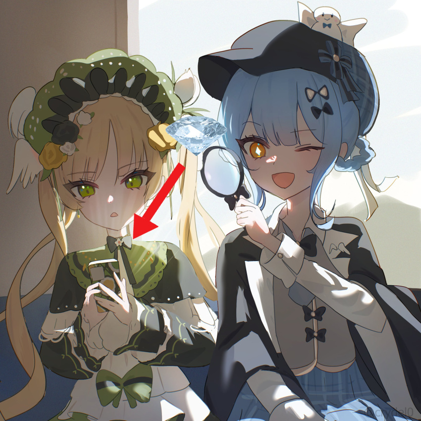 2girls, :<, ;d, absurdres, bird_hat_ornament, black_capelet, black_flower, black_hat, black_rose, blonde_hair, blue_hair, blue_skirt, bonnet, braid, braided_hair_rings, capelet, commentary, crydel, deerstalker, detective, diamond-shaped_pupils, diamond_(gemstone), diamond_(shape), dress, flower, frilled_dress, frills, gem_alert_magnifying_glass_(meme), green_bonnet, hair_rings, hat, highres, holding, holding_magnifying_glass, lolita_fashion, long_hair, looking_at_phone, magnifying_glass, mahou_shoujo_no_majo_saiban, meme, multiple_girls, one_eye_closed, open_mouth, orange_eyes, phone, plaid_clothes, plaid_skirt, rose, short_hair, sitting, skirt, smile, symbol-shaped_pupils, tachibana_sherry, tono_hanna, twintails, untranslatable_commentary, very_long_hair, white_flower, white_rose, yellow_flower, yellow_rose