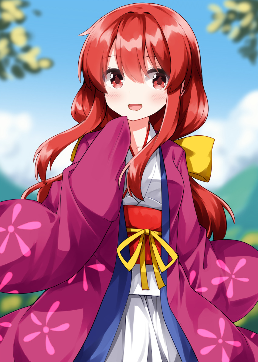 1girl, blue_sky, blurry, blush, bow, breasts, clouds, commentary, day, depth_of_field, hair_bow, haori, highres, japanese_clothes, kimono, kotohime, kotohime_(touhou), long_hair, long_sleeves, looking_at_viewer, medium_breasts, obi, obijime, open_mouth, outdoors, pink_haori, red_eyes, red_hair, ruu_(tksymkw), sash, sky, sleeves_past_fingers, sleeves_past_wrists, smile, solo, touhou, touhou_(pc-98), white_kimono, wide_sleeves