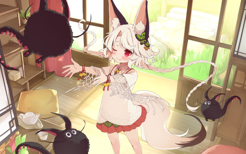 1girl, animal_ear_fluff, animal_ears, arashiya, braid, butterfly_hair_ornament, commentary_request, cup