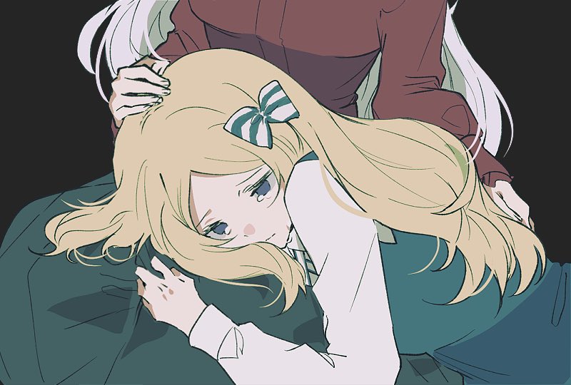 2girls, black_background, blonde_hair, blue_eyes, bow, commentary_request, fate/strange_fake, fate_(series)