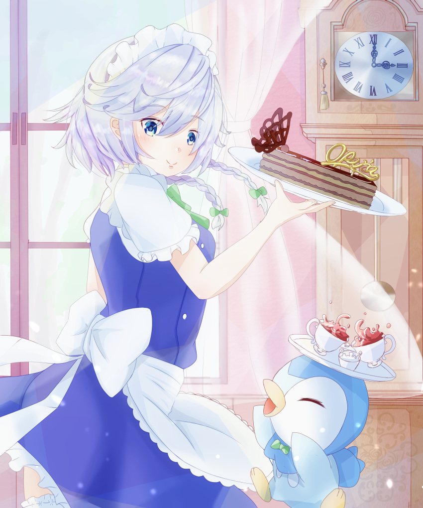 1girl, absurdres, apron, back_bow, bird, blue_dress, blue_eyes, bow