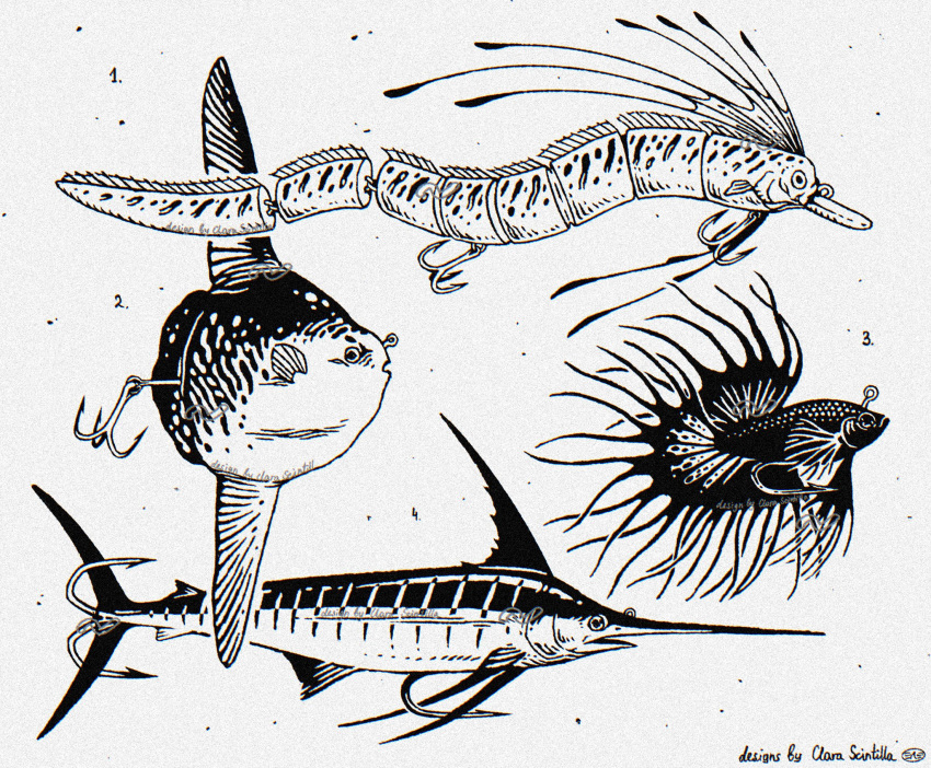 animal_focus, animal_request, clarascintilla, english_text, fish, fish_hook, fishing_lure, grey_background, greyscale, highres, monochrome, no_humans, ocean_sunfish, original