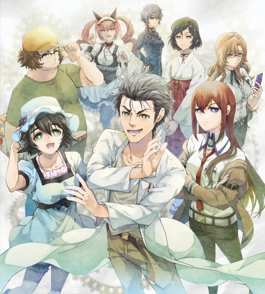3boys, 5girls, :d, adjusting_clothes, adjusting_headwear, akiha_rumiho, amane_suzuha, animal_ears