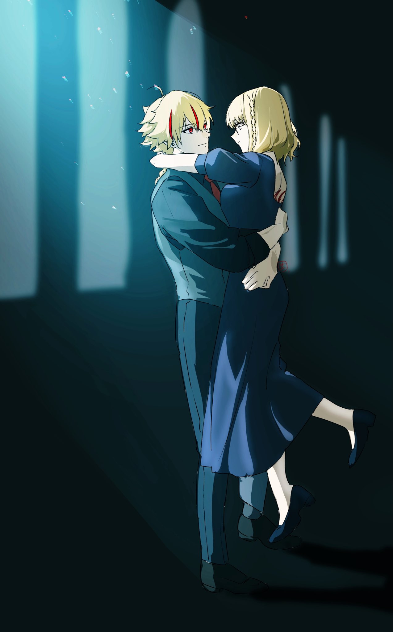 1boy, 1girl, ahoge, blonde_hair, blue_eyes, braid, braided_ponytail, collared_shirt