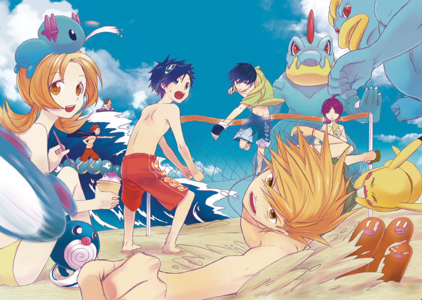 1girl, 6+boys, alternate_costume, beach, beach_volleyball, cape, drinking, dugtrio