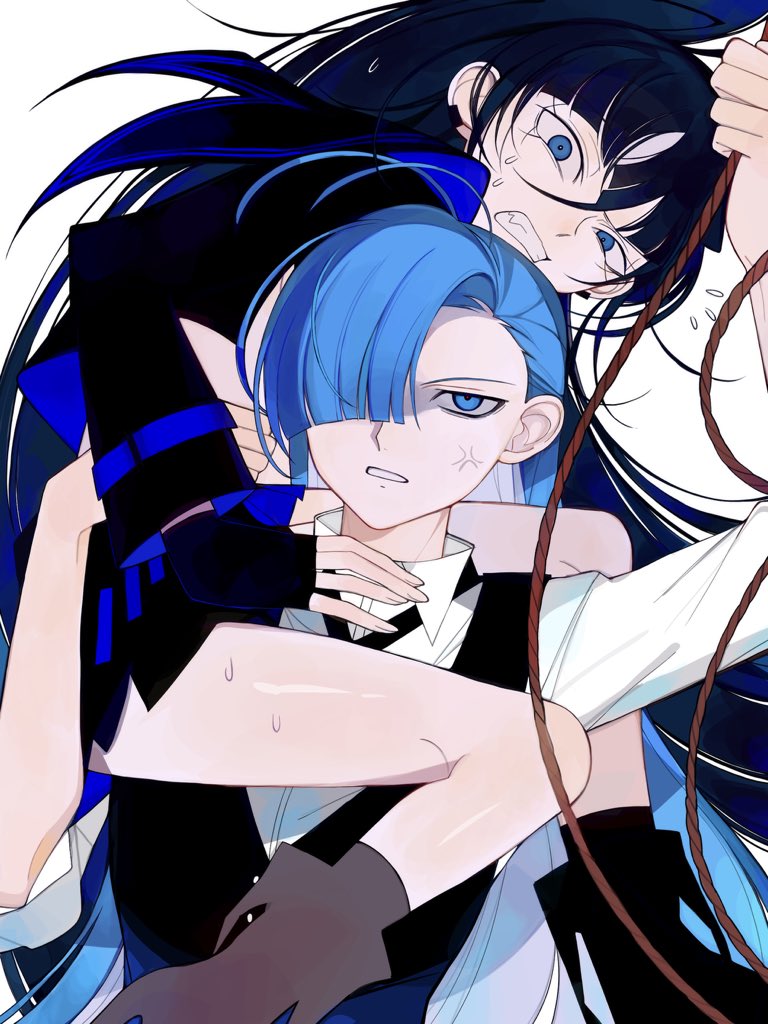 2girls, ado_(utaite), ahoge, anger_vein, black_hair, black_shirt, blue_eyes, blue_hair